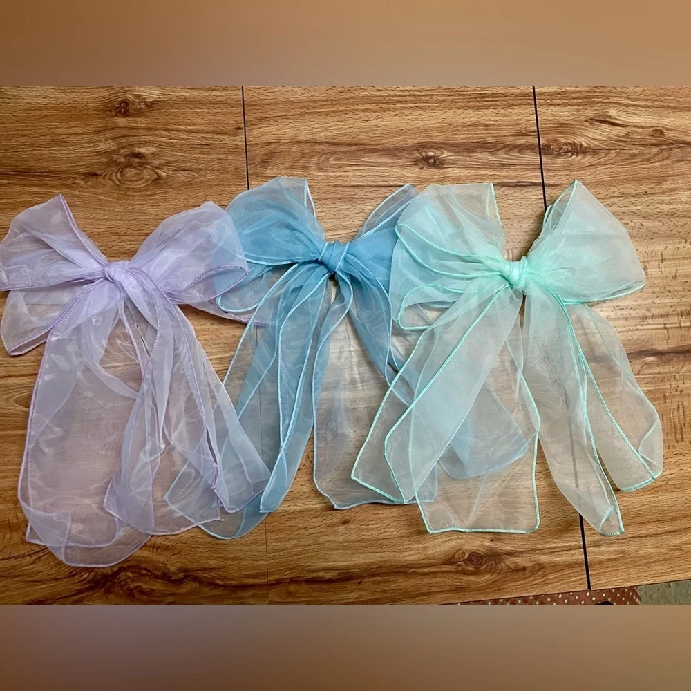 Oversized Blue Tule Bow French Barrette Hair Clip
